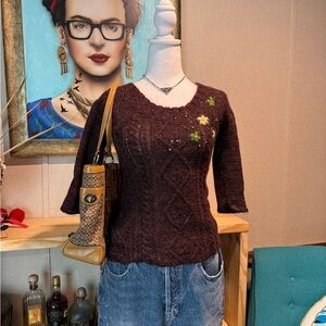 Free People Elegant Brown Sweater with Floral Accents